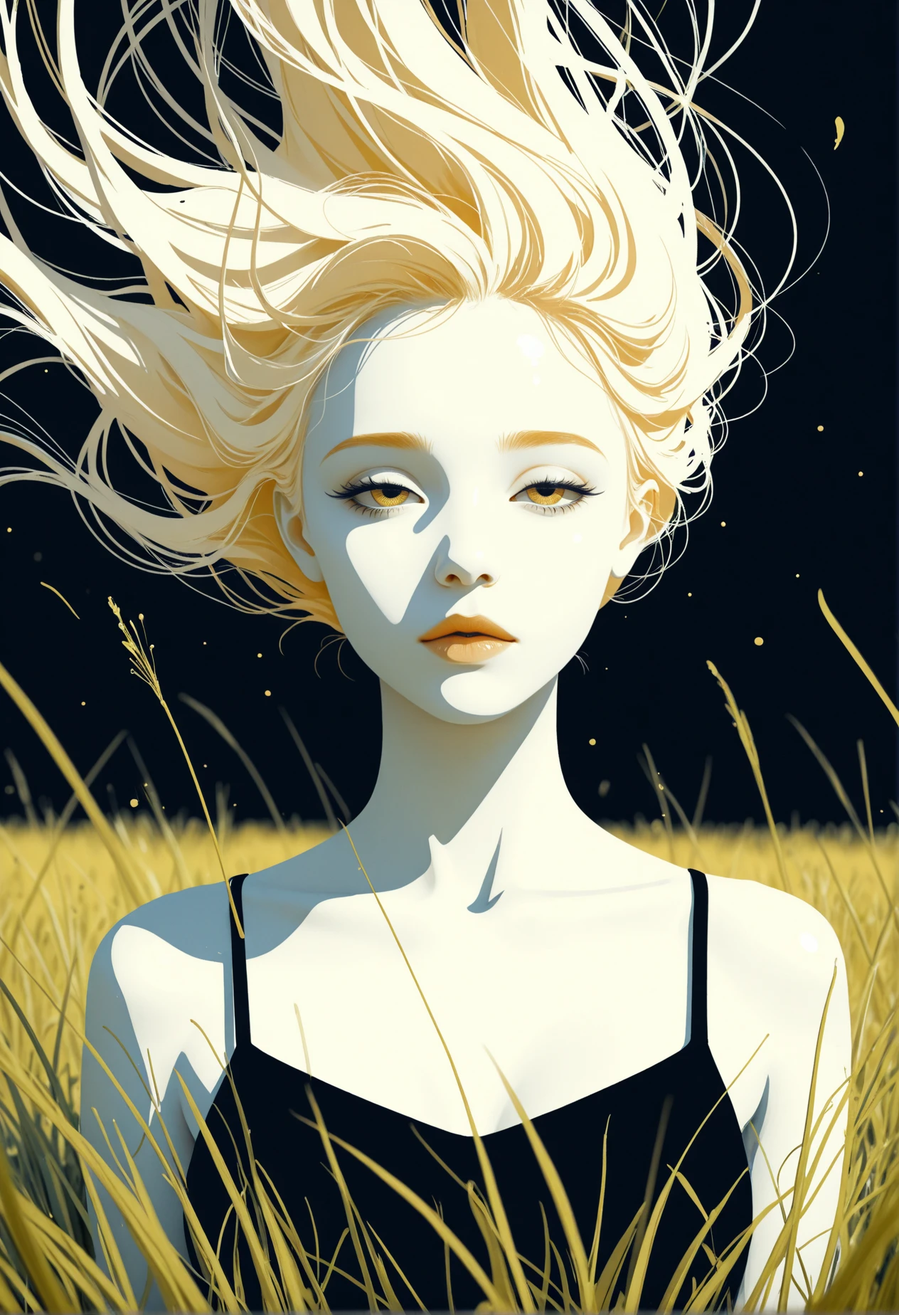 masterpiece, detailed_eyes, high_quality, best_quality, highres, subject_focus, depth_of_field, Limited_Palette, (minimalism:1.2), black, 
woman, artistic, floating hair, dynamic, cinematic, 
tilted head, downcast eyes, half-lidded eyes, citrine, wild grass, yellow, angle_through_mirror