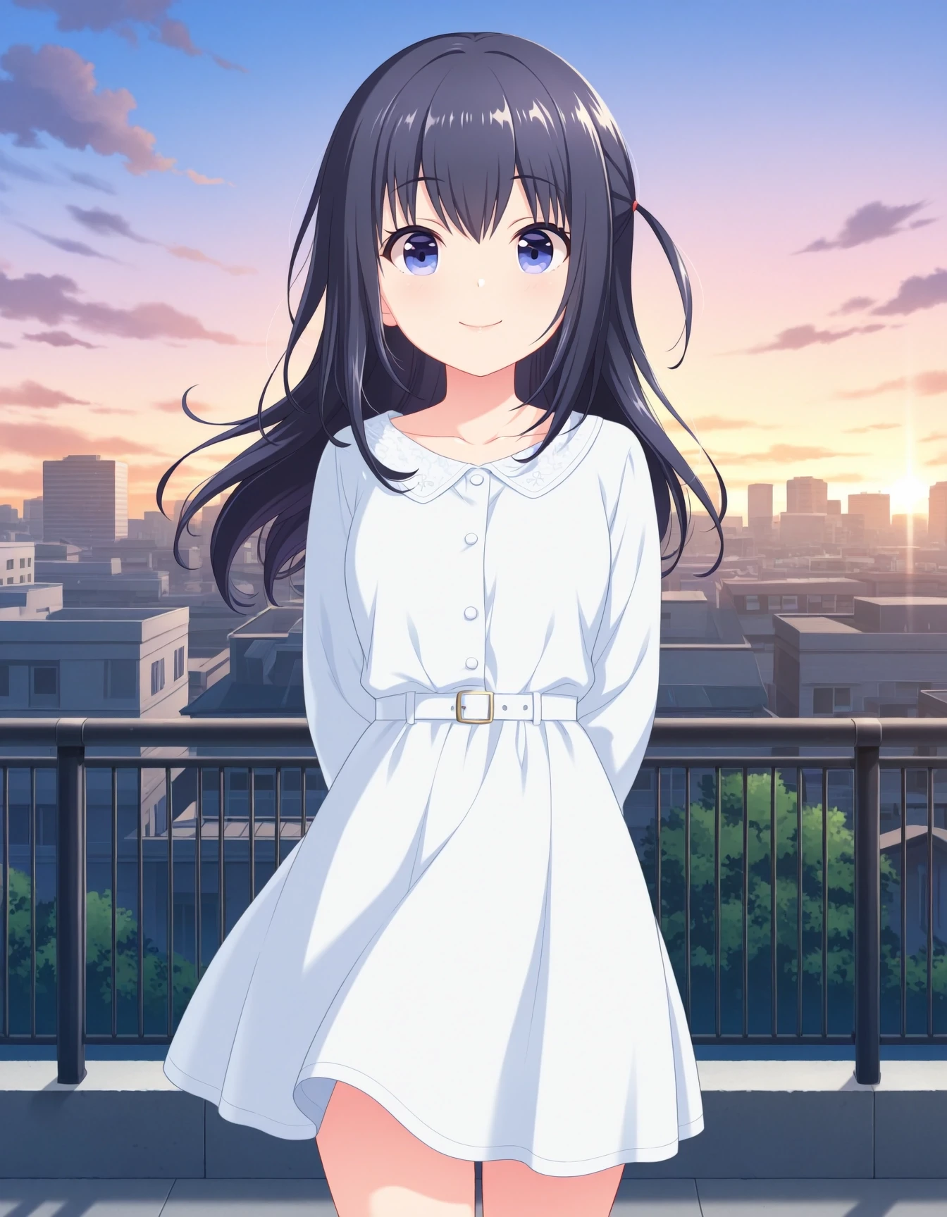 masterpiece, best quality, high quality, 1girl, solo, nagase mana, idoly pride, <lora:iMana:1.0>, casual, dress, standing, cowboy shot, arms behind back, looking at viewer, smile, rooftop, fence, cityscape, sky, sunset, cloud, wind,
anime screenshot, anime coloring, flat color, masterpiece, best quality, very aesthetic, aesthetic, absurdres, highres, detailed, beautiful color, amazing quality, sensitive