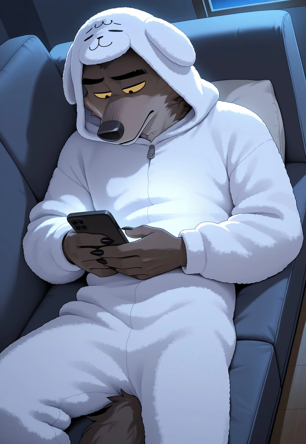 masterpiece, best quality, high quality, intricate details, black outline, dynamic angle, night, dark, living room, on sofa, MrWolf, wolf, looking down, sheep onesie, sheep hood, holding phone, illuminated by the light of a smartphone, half closed eyes, mouth closed, mature, male, yellow sclera, black eyes, half closed eyes, tired, eyebags, black fingerclaws, lying down, tail