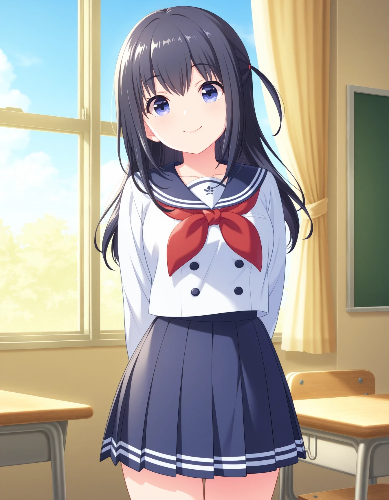 masterpiece, best quality, high quality, 1girl, solo, nagase mana, idoly pride, <lora:iMana:1.0>, serafuku, standing, cowboy shot, arms behind back, looking at viewer, smile, classroom, school desk, window, curtains, sky,
anime screenshot, anime coloring, flat color, masterpiece, best quality, very aesthetic, aesthetic, absurdres, highres, detailed, beautiful color, amazing quality, sensitive
