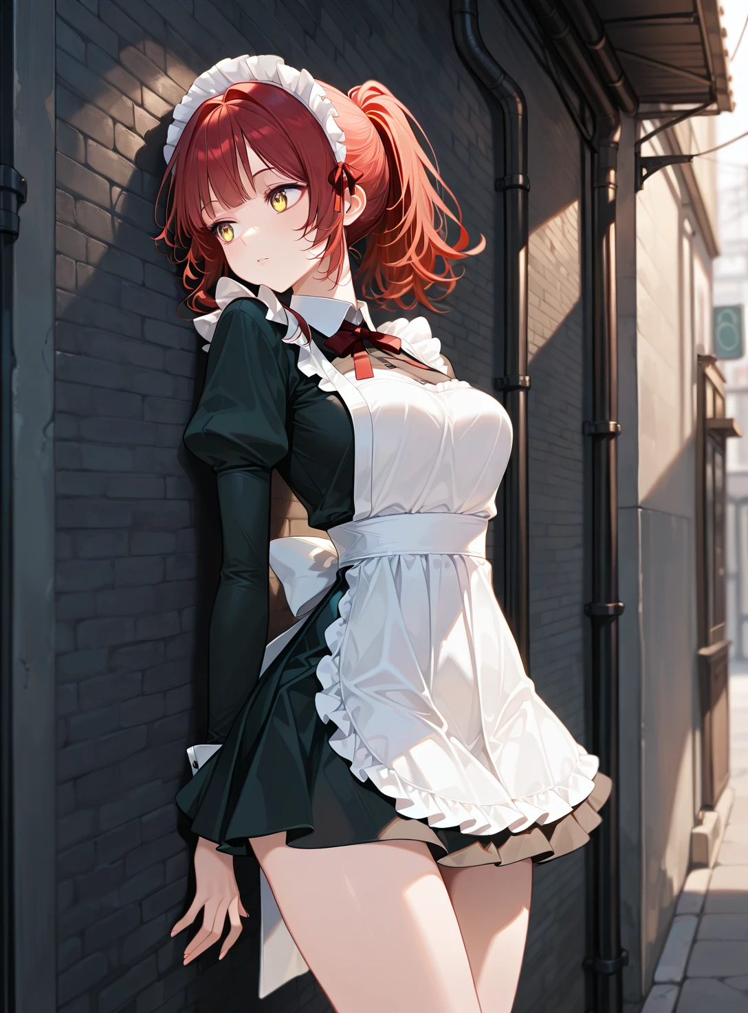 masterpiece, best quality, highres, hmlain, long hair, ponytail, streaked hair, hair over one eye, maid headdress, ear piercing, , black choker, frills, maid, black ascot, black dress, long sleeves, puffy sleeves, white apron, maid apron,, garden, smile,bare shoulder,huge breasts,cleavage,miniskirt,thighhighs