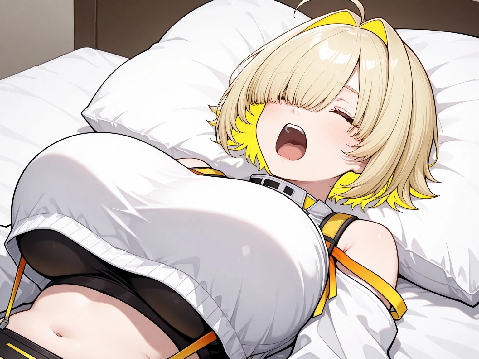 blonde hair short hair nude, masturbation, fingering, female_masturbation, 1girl, solo, breasts, pussy, nipples, large_breast, uncensored, blush, thighhighs, lying