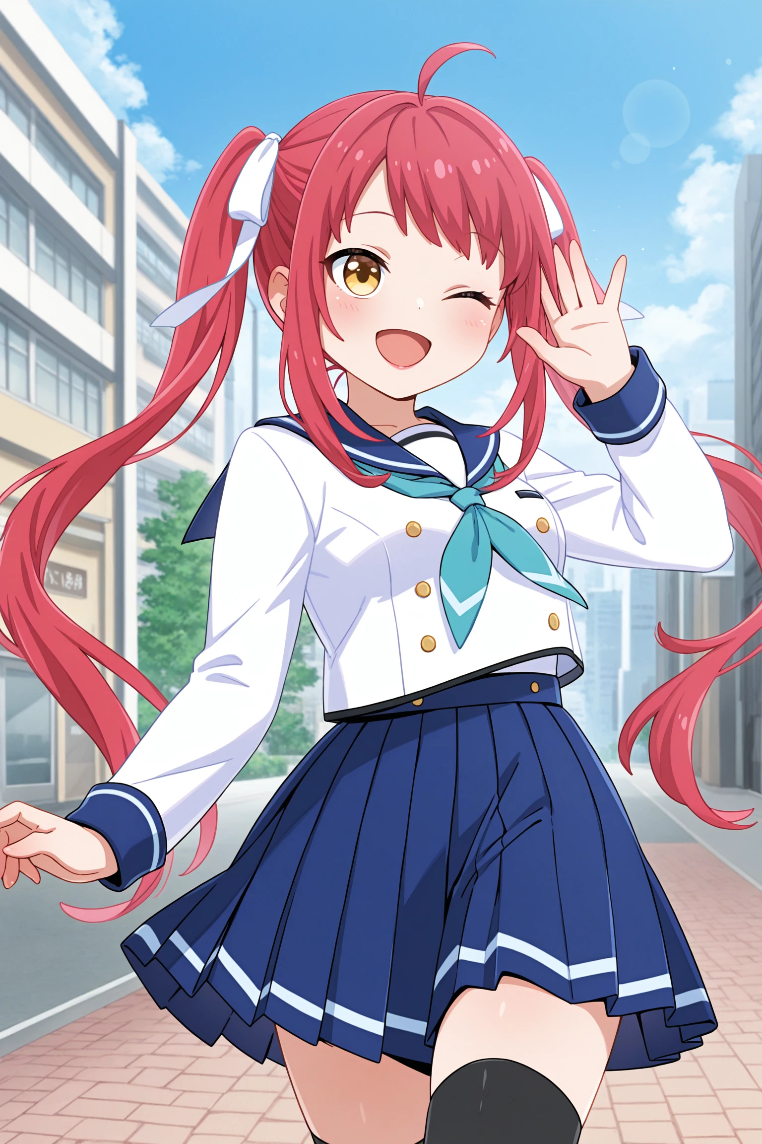 masterpiece, best quality, very aesthetic, hasumiurara, outfit2, solo, outdoors, city, red hair, ahoge, twintails, hair white ribbons, swept bangs, very long hair, sidelocks, yellow eyes, one eye closed, small breasts, , white serafuku, blue sailor collar, aqua neckerchief, long sleeves, blue skirt, pleated skirt, black thighhighs, school uniform, smile, open mouth, ;d, pink lips, <lora:Hasumi-Urara:0.7>