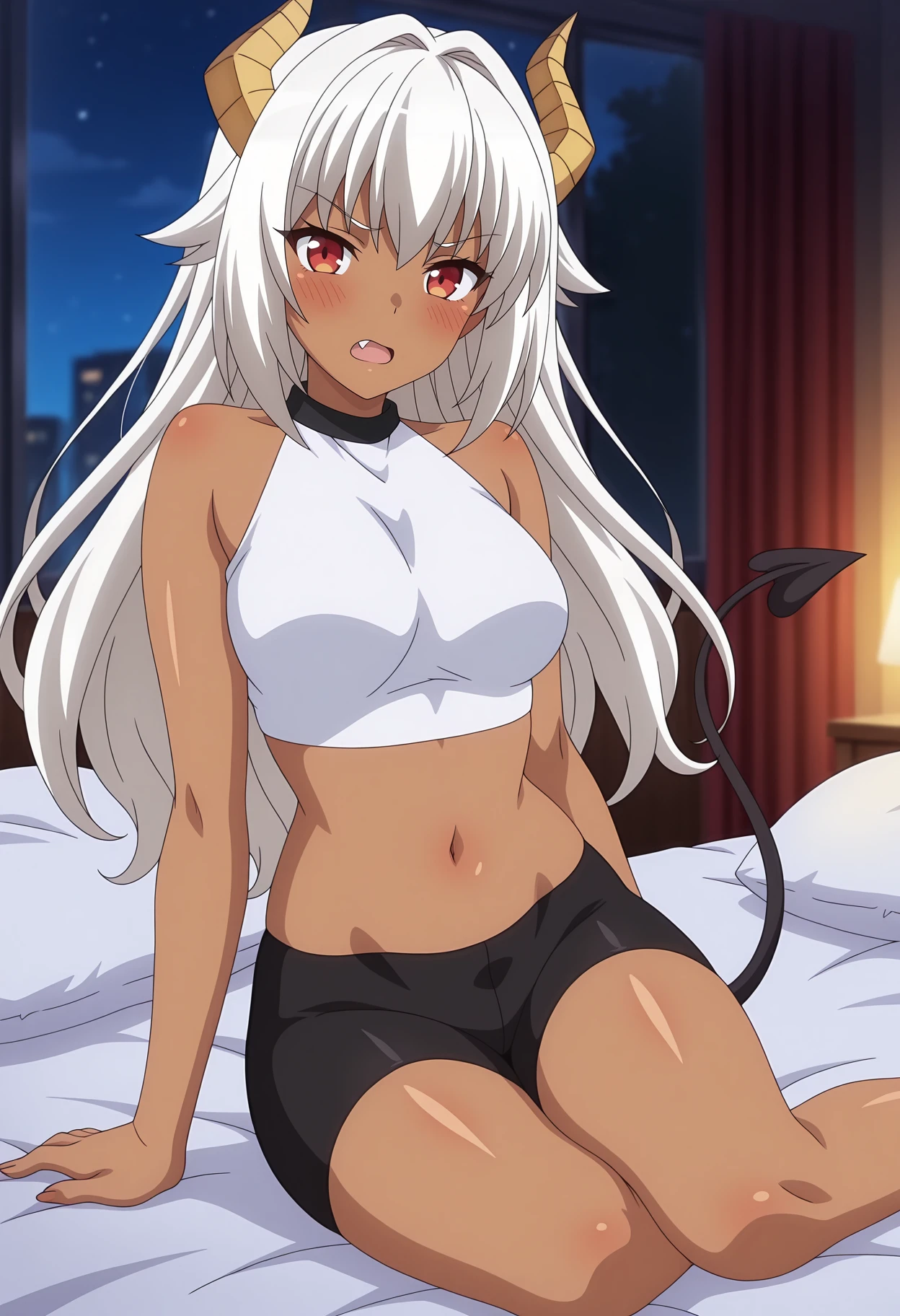 anime screencap, masterpiece, best quality,
<lora:EnjoKouhai_Ursula_IlluXL:0.9>,
1girl, solo, open mouth, blush, fang,
dark-skinned female, long hair, white hair, red eyes, demon horns, yellow horns, demon tail,
crop top, sleeveless, white shirt, medium breasts, midriff, navel, bike shorts, black shorts,
aged up, yokozuwari, looking at viewer,
night, indoors, bed, pillow, blurry background
