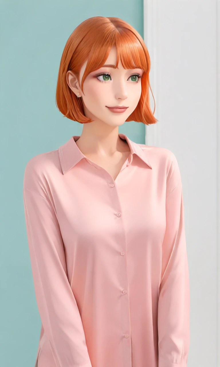 a digital drawing of a woman with short orange hair, pink clothing with a decorative pattern, stud earrings, 1girl,solo, jewelry, earrings,looking at another, light smile, 1girl,short hair,orange hair,bob cut,green eyes,makeup,pink shirt, satin blouse, long sleeves