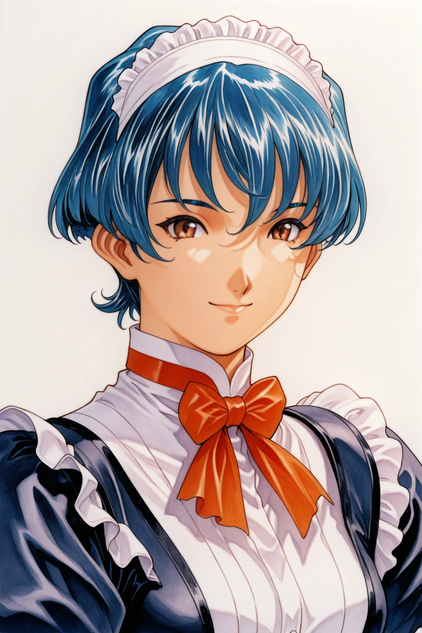 Mell Raison,1girl,solo,(deep blue hair:1.3),maid,very short hair,maid headdress,brown eyes,bow,upper body,looking at viewer,simple background,white background,smile,bowtie,frills,bangs,traditional media,
<lora:Sakura Wars_illustriousXL_v2:1.4>,