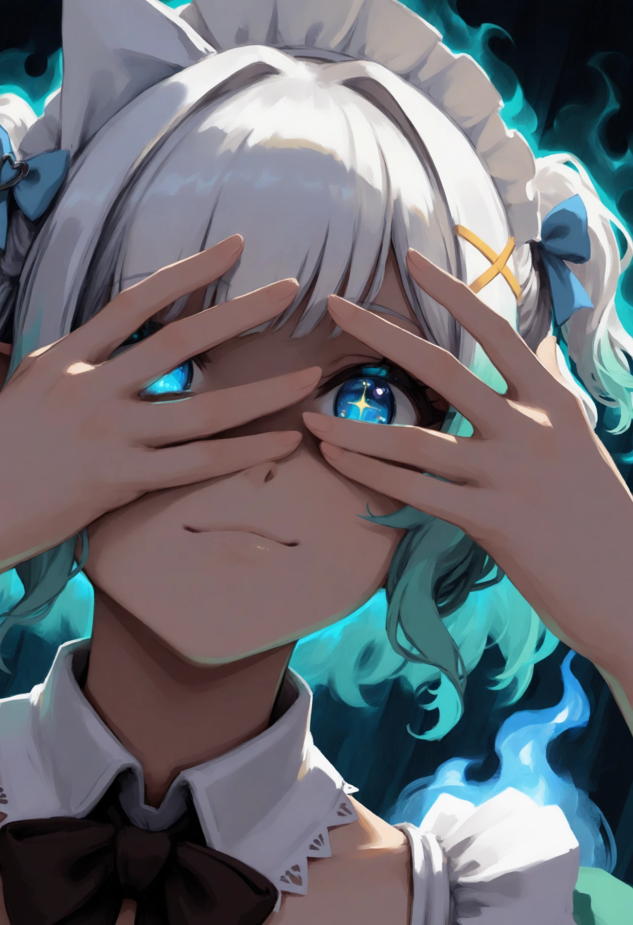 masterpiece, best quality, painterly, 1girl, solo, M1ntDef, blue eyes, multicolored hair, white hair, green hair, short hair, two side up, yellow tress ribbon, blue bow, hair bow, triangular headpiece, maid headdress, pointy ears, close-up, face focus, sparkling eyes, covering own eyes, peeking through fingers, glowing eyes, aura, dutch angle, foreshortening, blue fire, detached collar, black bowtie, abstract background, light smile, <lora:ChamMintFantomeNoob:1>