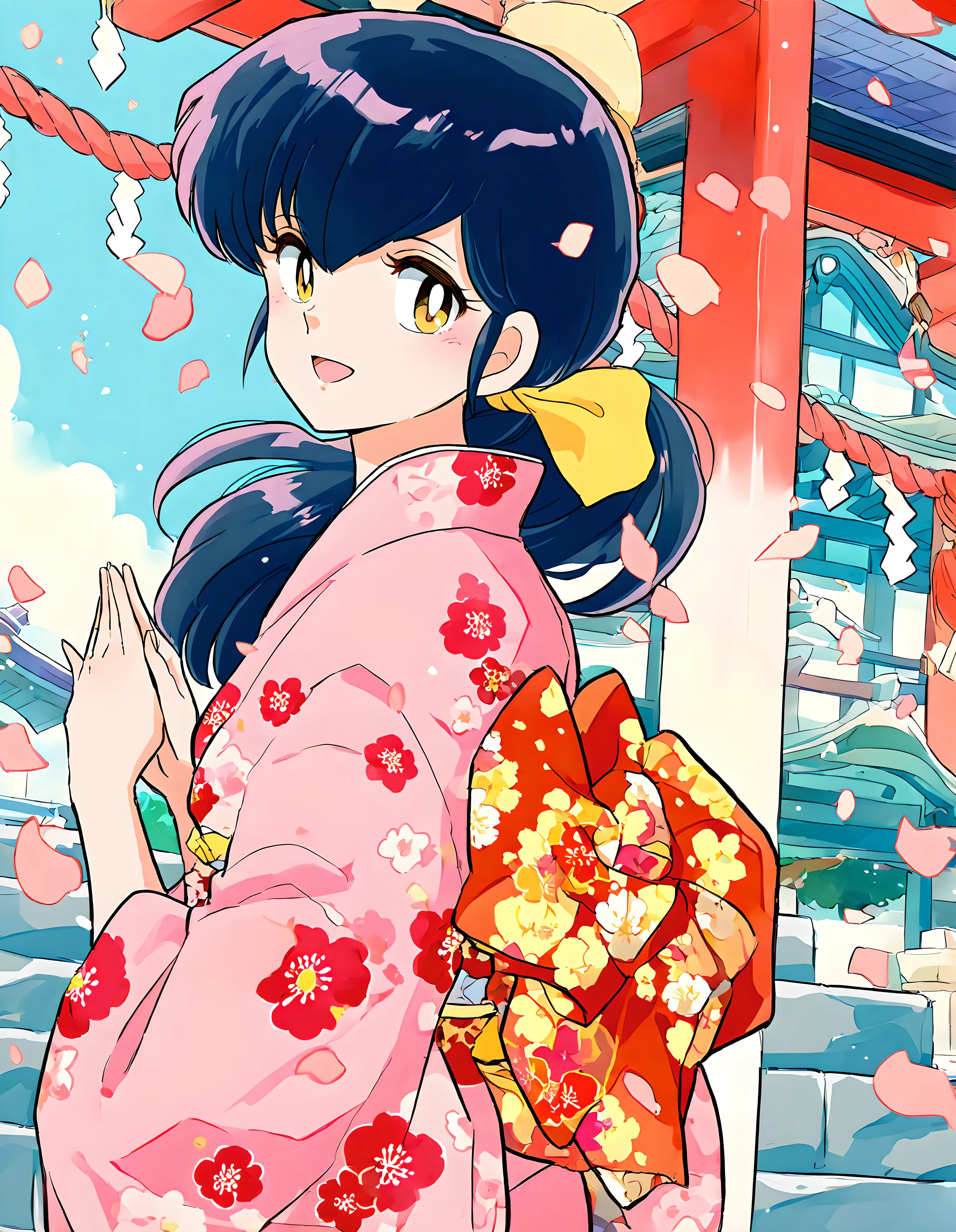 <lora:illustrious_XL_otonashi:0.9>,otonashi,masterpiece,best quality,good quality,1girl,solo,HAIR,japanese clothes,kimono,floral print,looking back,own hands together,shrine,upper_body,:d,