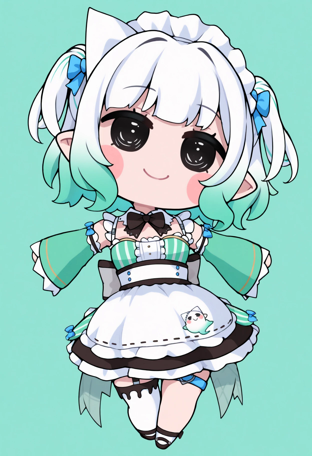 masterpiece, best quality, 1girl, solo, M1ntDef, blue eyes, multicolored hair, white hair, green hair, short hair, two side up, yellow tress ribbon, blue bow, hair bow, triangular headpiece, maid headdress, pointy ears, detached collar, black bowtie, green dress, detached sleeves, center frills, striped dress, black skirt, white waist apron, back bow, blue thigh strap, garter strap, single thighhigh, white thighhigh, chibi, full body, blush stickers, black eyes, simple background, smile, head tilt, spread arms, <lora:style_beegsmol_noobAIXL11EPS-GLoRA:1>, <lora:ChamMintFantomeNoob:1>