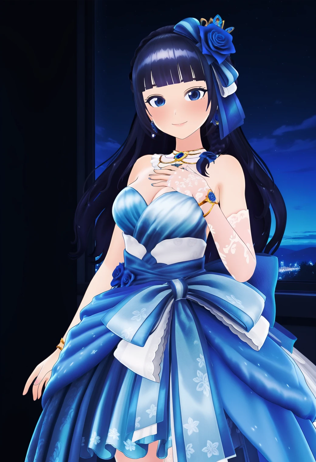 masterpiece, best quality, very aesthetic, absurdres, 1girl, solo,
<lora:fuji_aoi_v01:0.9>, virtual youtuber, aoi_costume3, black hair, long hair, half updo, blunt bangs, blue eyes,
hair ornament, hair flower, earrings, jewelry, necklace, bare shoulders, blue dress, strapless dress, cleavage, dress flower, blue rose, white single glove, bracelet, smile, posing, hand on own chest, looking at viewer