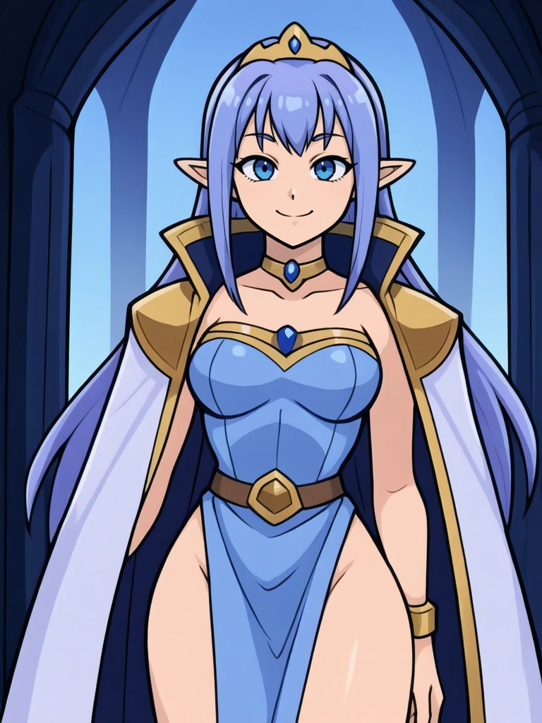 standing in a castle, solo, looking at viewer,smiling, cowboy shot,
<lora:Teiris__Dragonforce:0.7>
dfteiris,,blue hair, long hair,blue eyes,pointy ears,,jewelry, tiara, choker,,cape, teiriscape,,