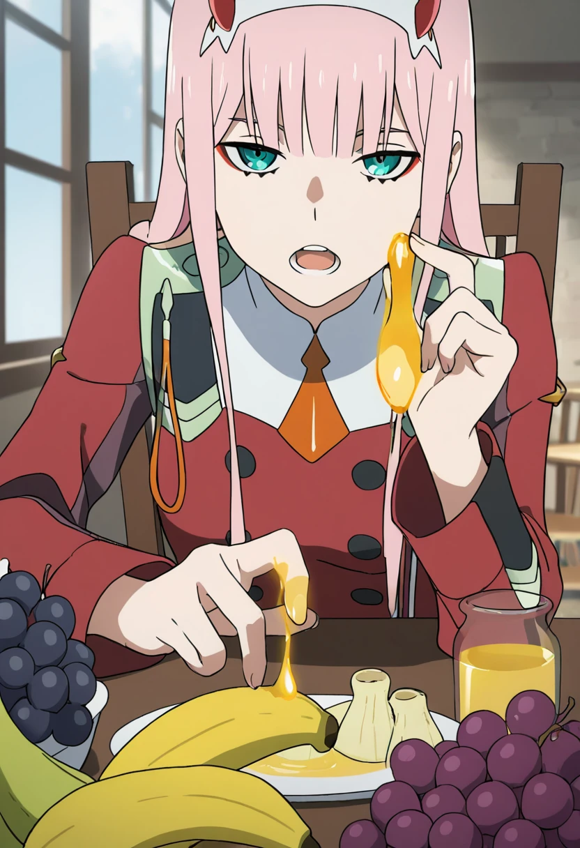 masterpiece, best quality, good quality, very awa, newest, highres, absurdres,outdoors, ZeroTwo-DarlingInTheFranXX ,
Zero Two \(Darling in the FranXX\), 1girl, solo, long hair, looking at viewer, open mouth, bangs, holding, sitting, upper body, pink hair, hairband, food, necktie, horns, indoors, uniform, military, window, military uniform, fruit, chair, parody, table, holding food, white hairband, holding fruit, grapes, short necktie, banana, orange necktie, honey, aqua eyes, oni horns, red uniform
, <lora:Zero Two (Darling in the FranXX) Illustrious v3:0.8>