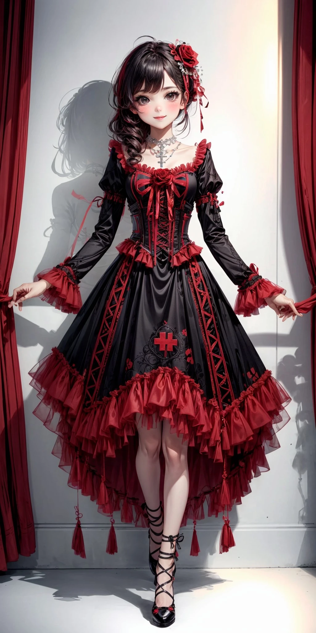 (fullbody, front facing, facing viewer) 1girl, big sparkling eyes, blush, smile, black and red rose print long cross-laced gothic dress, gothic fashion, gothic theme, long dress, black attached long sleeves, chest ornament, rose, red rose,(red rose chest ornament),black and red cross-laced bodice, red cross-laces, red cross-laced black and red long attached cross-laced skirt, long skirt, cross-laced skirt, red sheer ruffles, red frills, bows, red bows, <lora:more_details:0.7>, <lora:scene_:0.5>, <lora:FashionComplexityEnhancerLORAv1:0.4>, <lora:2d6dfa1e-3f27-43db-81ff-ee1fe8b4edcf:0.6>, <lora:96073874-f082-4683-942e-601cecac5c40:0.3>, <lora:f7d08feb-f21d-42d0-9ef1-a9481867524d:0.3>, <lora:5844635f-c9c3-4f9e-85c4-d0d40f201159:0.3>, <lora:betterLight_v10:0.3>, ,