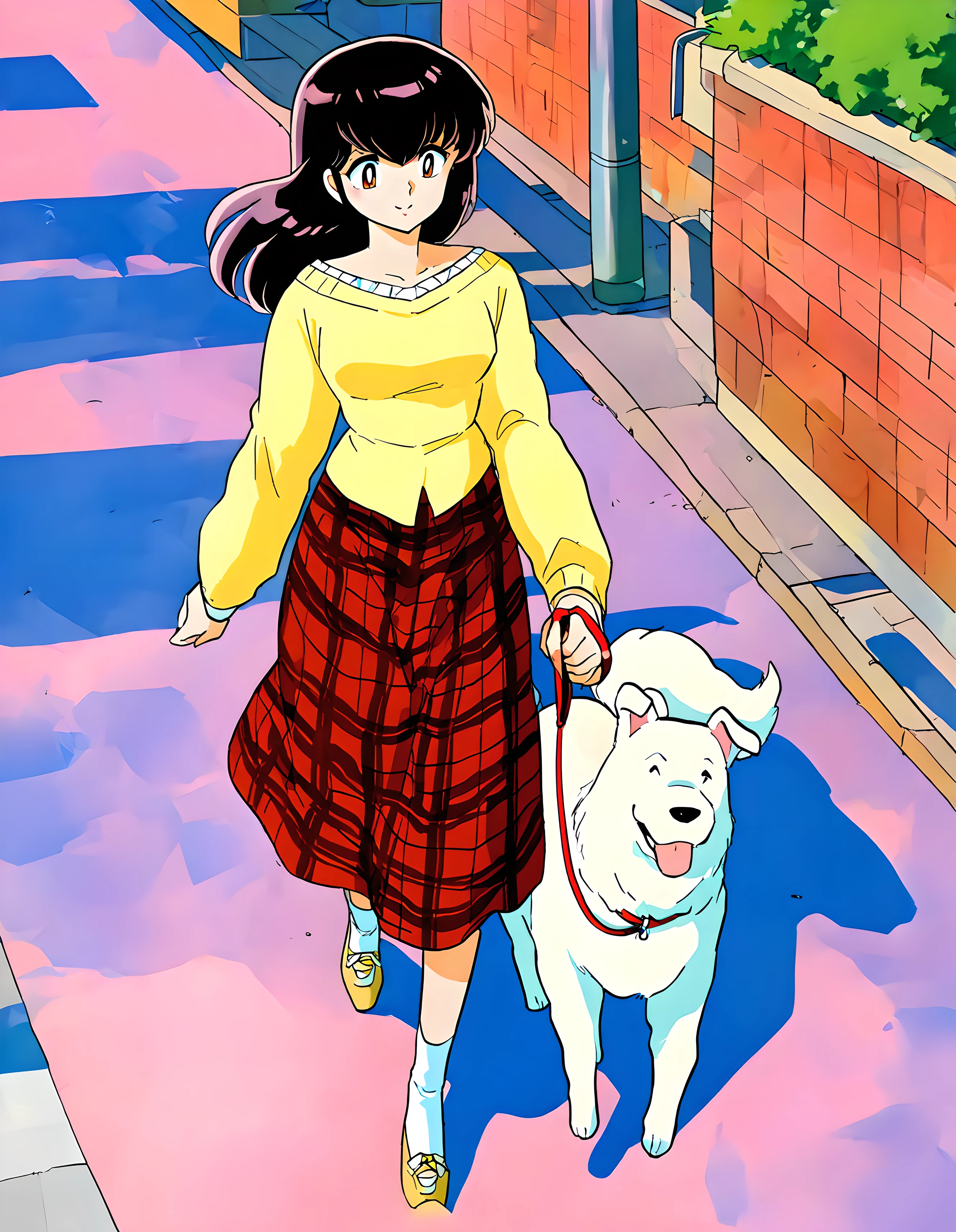 <lora:illustrious_XL_otonashi:0.9>,otonashi,masterpiece,best quality,good quality,1girl,solo,dress,long sleeves,red skirt,plaid skirt,long skirt,socks,shoes,white dog,leash,street,looking_at_animal,full body,walking,smile,kind_smile,