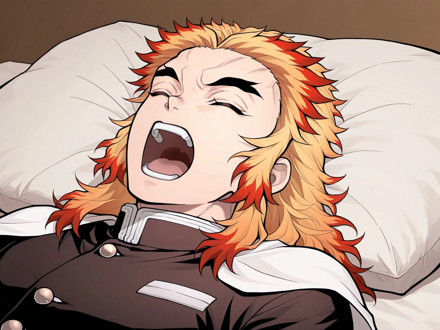 1boy,solo,<lora:Ikisugi_Illustrious_V1.0:1>,ikisugi,open mouth,closed eyes,on back,lying,pillow,teeth,upper teeth only,screaming,rengoku kyoujurou,demon slayer uniform,white cape,black jacket,