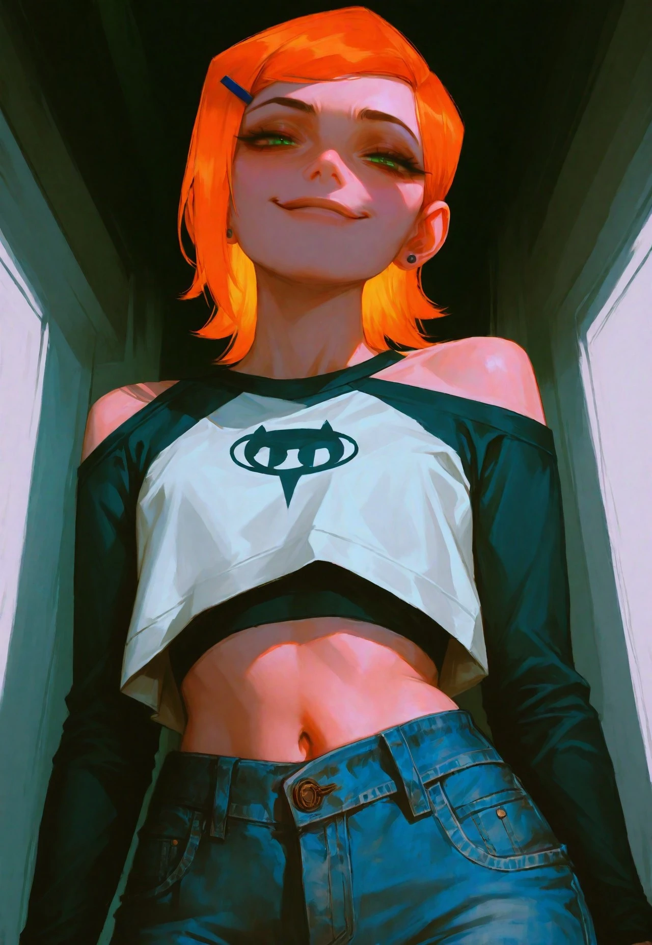 rating_safe, Expressiveh, epiCPhoto, semi realistic, (best quality:1.1), (masterpiece:1.2), (realistic:1.2), (detailed:1.1), (highres, best quality:1.2), source_anime, intricate details, hyperdetailed, extremely sharp, 4k , vivid colors,
1girl,gwen tennyson (/Ben10)/,(ultra HD quality details), bright orange hair, short hair, (green eyes)
crop top, bare shoulders, midriff, long sleeves, bare shoulder, modest, denim jeans
Low Angle View, smug smiling, darkness, blushed skin, galaxy vortex, translucent hair, smug Smile,