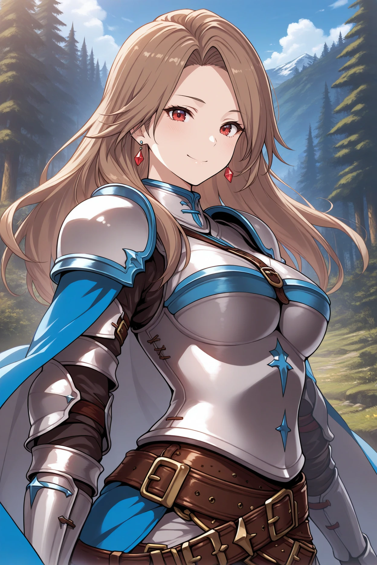 masterpiece, best quality, 1girl, solo, <lora:gbfkatalina-illu-nvwls-v1-000006:1> basektl, brown hair, long hair, red eyes, earrings, armor, blue trim, shoulder armor, blue cape, brown belt, gauntlets, upper body, looking at viewer, smile, blue sky, forest, alpine forest