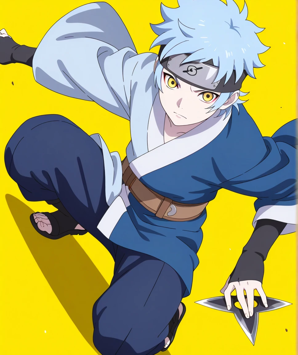 1boy,solo,looking at viewer,male focus,Mitsuki,short hair,blue hair,forehead protector,konohagakure symbol,pale skin,yellow eyes,blue and navy kimono,wide sleeves,black fingerless gloves,belt,pants,on one knee,action,holding,shuriken,dynamic angle,yellow background,simple background,black outline,vibrant colors,high resolution,amazing quality,best quality,good lighting, detailed eyes,very aesthetic,very awa,detailed,anime coloring,anime screencap