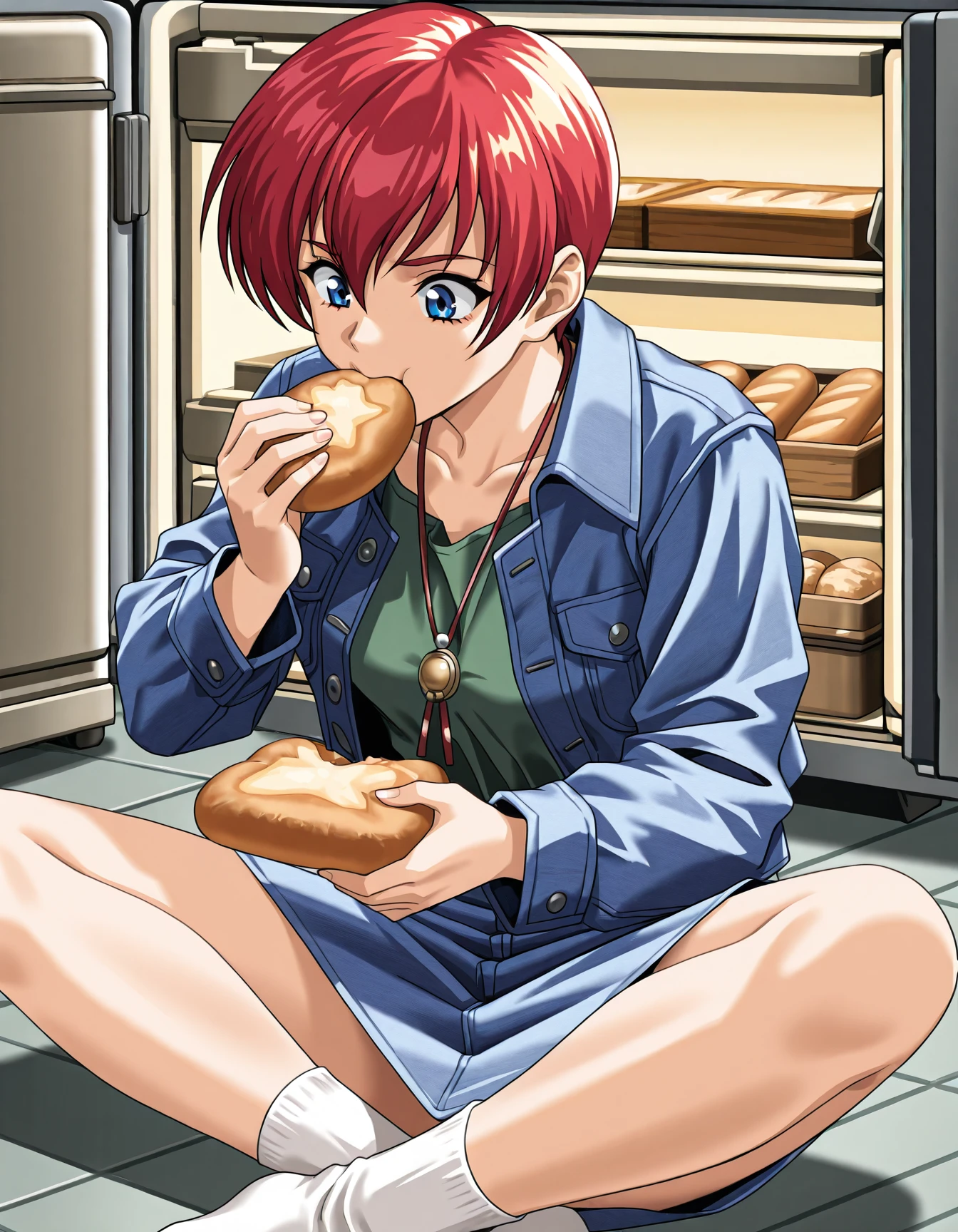 <lora:saku-v9-il_r1:0.75> a5am1, blue eyes, necklace, locket, denim jacket, open jacket, green shirt, denim skirt, white socks
1girl, solo, eating, bread, sitting, indian style, on floor, refrigerator, tile floor, close-up