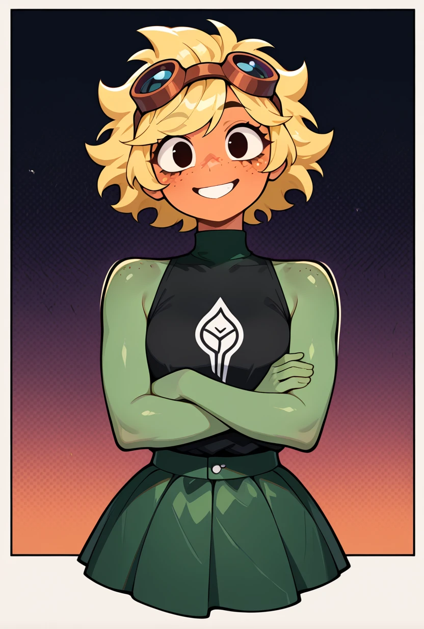 <lora:solarflare-09:1> solarflare, blonde hair, 1girl, goggles on head, short hair, black shirt, freckles, dark green skirt, ((anthro )),green skin, turtle neck, , green skirt, spikey hair, big smile, teeth, orange face, , green neck, sleeveless, pose, no ears, earless, shirt print, shirt over skirt, big anthro hands, flat hands, round face, circular face, no humans, monster girl, , smile, crossed arms,, masterpiece, best quality, amazing quality, very aesthetic, absurdres, newest,, upper body, halftone effect, white borders, abstract background:1.2,