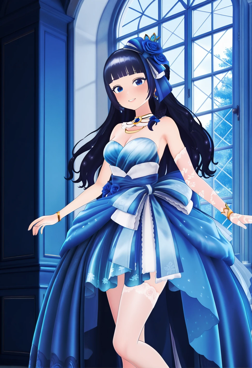 masterpiece, best quality, very aesthetic, absurdres, 1girl, solo,
<lora:fuji_aoi_v01:0.9>, virtual youtuber, aoi_costume3, black hair, long hair, half updo, blunt bangs, blue eyes,
hair ornament, hair flower, earrings, jewelry, necklace, bare shoulders, blue dress, strapless dress, cleavage, dress flower, blue rose, white single glove, bracelet, blue high heels smile, posing