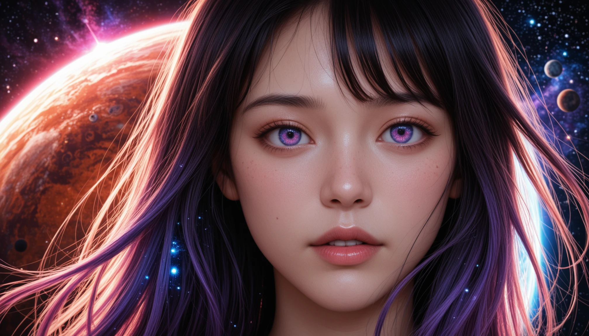 masterpiece, best quality, amazing quality, 4k, very aesthetic, high resolution, ultra-detailed, absurdres, scenery, realistic, photo, 1girl, long cosmic hair, cosmic skin, cosmic purple eyes, floating glowing hair, parted lips, generous, serene, looking at viewer, upturned eyes, face focus, portrait, dutch angle, (double exposure:1.3), back light, rim light, cinematic, colorful, psychedelic goddess, rainbow lighting, magical, chaos, psychedelic, fantasy space, multiple planets, fantasy galaxy, nebula, supernova, BREAK, depth of field, photorealistic details