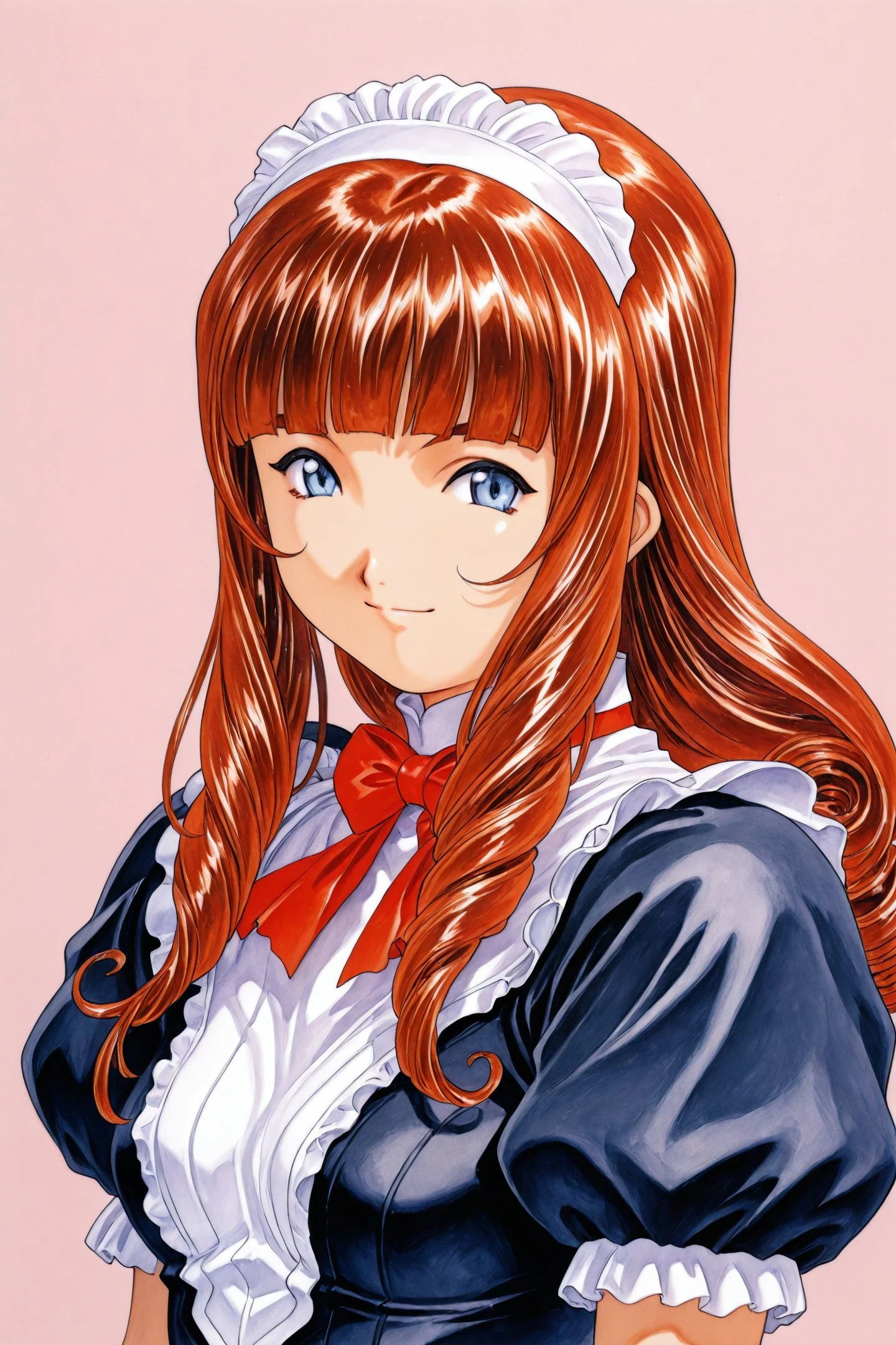 Ci Caprise,1girl,solo,blue eyes,maid headdress,red hair,maid,smile,transparent background,upper body,long hair,bow,looking at viewer,short sleeves,blunt bangs,drill hair,puffy sleeves,simple background,bowtie,frills,brown hair,traditional media,portrait,
<lora:Sakura Wars_illustriousXL_v2:1.4>,