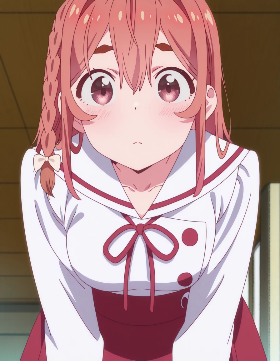 masterpiece, best quality, amazing quality,, <lora:sumi-sakurasawa-s1-illustriousxl-lora-nochekaiser:1>, sumi sakurasawa, sakurasawa sumi, bangs, pink eyes, hair between eyes, pink hair, braid, hair bow, thick eyebrows, mature female, small breasts, anime screencap, skirt, shirt, long sleeves, bow, ribbon, white shirt, serafuku, sailor collar, red ribbon, neck ribbon, red skirt, white sailor collar,, leaning forward,, minaret, tall, mosque, call_to_prayer, holy, cowboy shot, solo, looking at viewer,