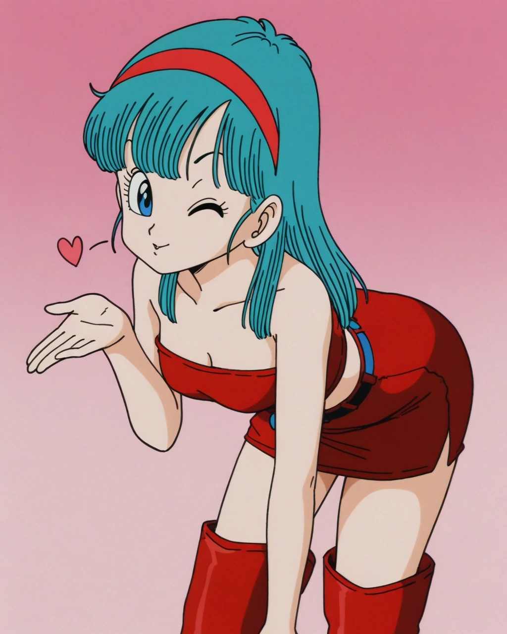 masterpiece, best quality, newest, absurdres, highres, detailed eyes, beautiful, detailed background, perfect eyes, anime coloring, anime screenshot, 1980s \(style\), 1girl, solo, bulma, blue hair, long hair, blue eyes, small breasts, parted lips, red hairband, red crop top, collarbone, bare shoulders, red detached sleeves, belt, red pencil skirt, red thigh boots, bent over, looking at viewer, one eye closed, blowing kiss, smile, sexy, (simple background, gradient background, pink background)