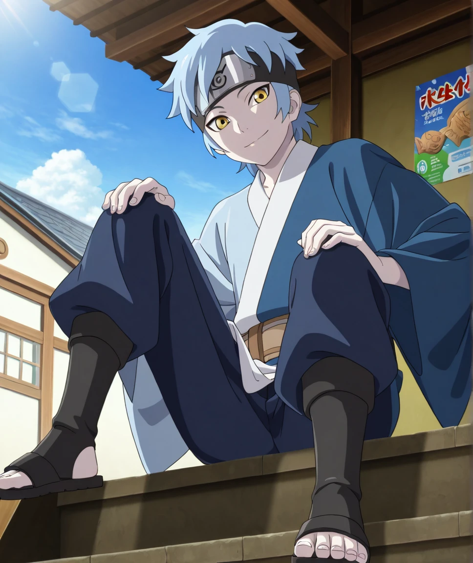 1boy,solo,looking at viewer,Mitsuki,short hair,blue hair,forehead protector,konohagakure symbol,pale skin,yellow eyes,blue and navy kimono,wide sleeves,belt,pants,sandals,sitting,hand on own knee,smile,from below,poster (object),house,stairs,blue sky,day,lens flare,high resolution,amazing quality,best quality,good lighting, detailed eyes,very aesthetic,very awa,detailed,anime coloring,anime screencap,complex background,Anime screencap,masterpiece