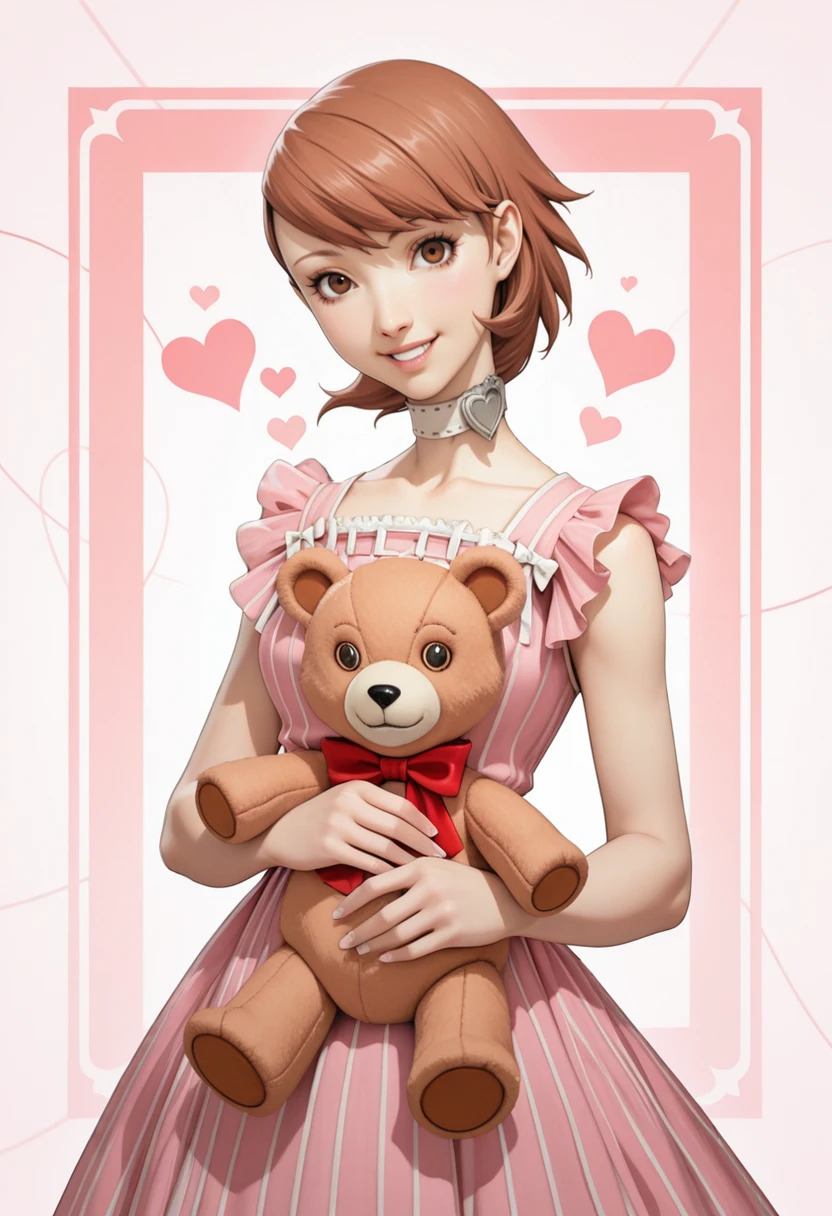 masterpiece, very aesthetic, best quality, absurdres, newest, solo,
<lora:ILP3Yukari:1>
Persona3Yukari, 1girl, short hair, brown hair, brown eyes, looking at viewer, standing with a teddy bear, smiling. She is wearing a frilly dress with bows and has pastel pink hair. The background is abstract with soft colors and a heart motif