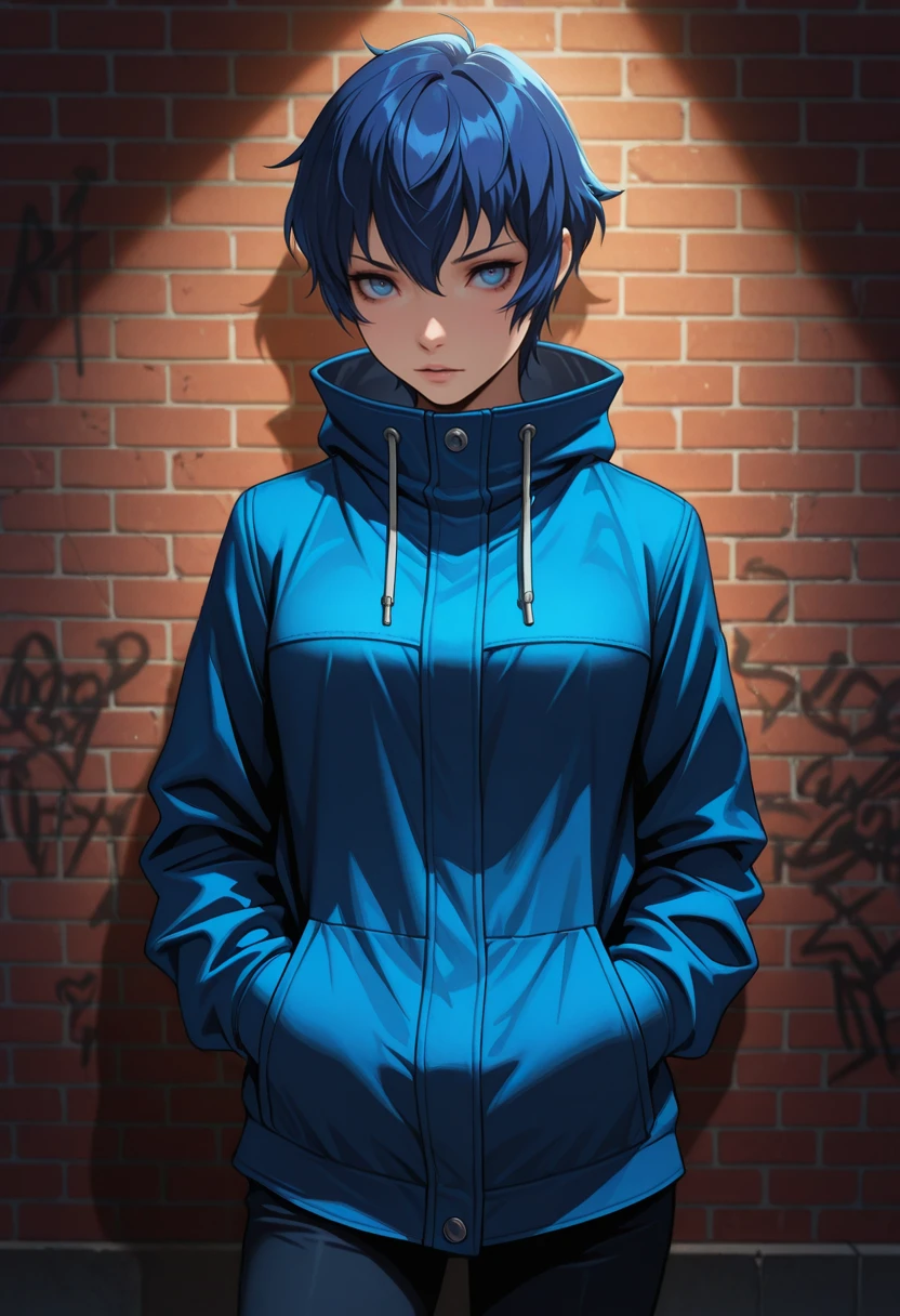 masterpiece, very aesthetic, best quality, absurdres, newest, solo,
<lora:ILP4Naoto:1>
P4Naoto, 1girl, blue hair, short hair, blue eyes, leaning against a brick wall, hands in jacket pockets, urban alleyway with graffiti art, moody lighting with shadows, edgy and modern vibe