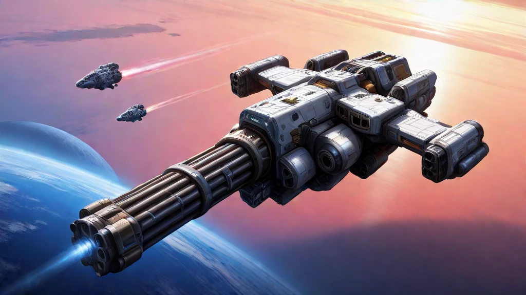 masterpiece, best_quality, very_aesthetic, highres, absurdres, ultra detailed,
<lora:negXL:0.5>
spacecraft, spaceship
earth \(planet\), in in orbit, gatling gun,
<lora:Starfield_IL_MIX:1> starfieldships, starfieldchr, ,starfieldart,science fiction,realistic, concept art