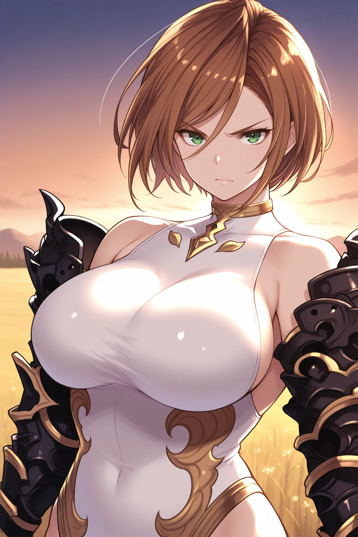 ((((hide hand)))), 1girl, clementine \(overlord\), armor, garter belt, gauntlets, blonde hair, short hair, red eyes, smile, psycho smile, mouth open, psycho face, empty eyes, crazy eyes, crazy smile, (nighttime, night, dim lighting, dark atmosphere), masterpiece, extremely detailed CG unity 8k wallpaper, best quality, 32k, focus sharp ,((huge breast)),