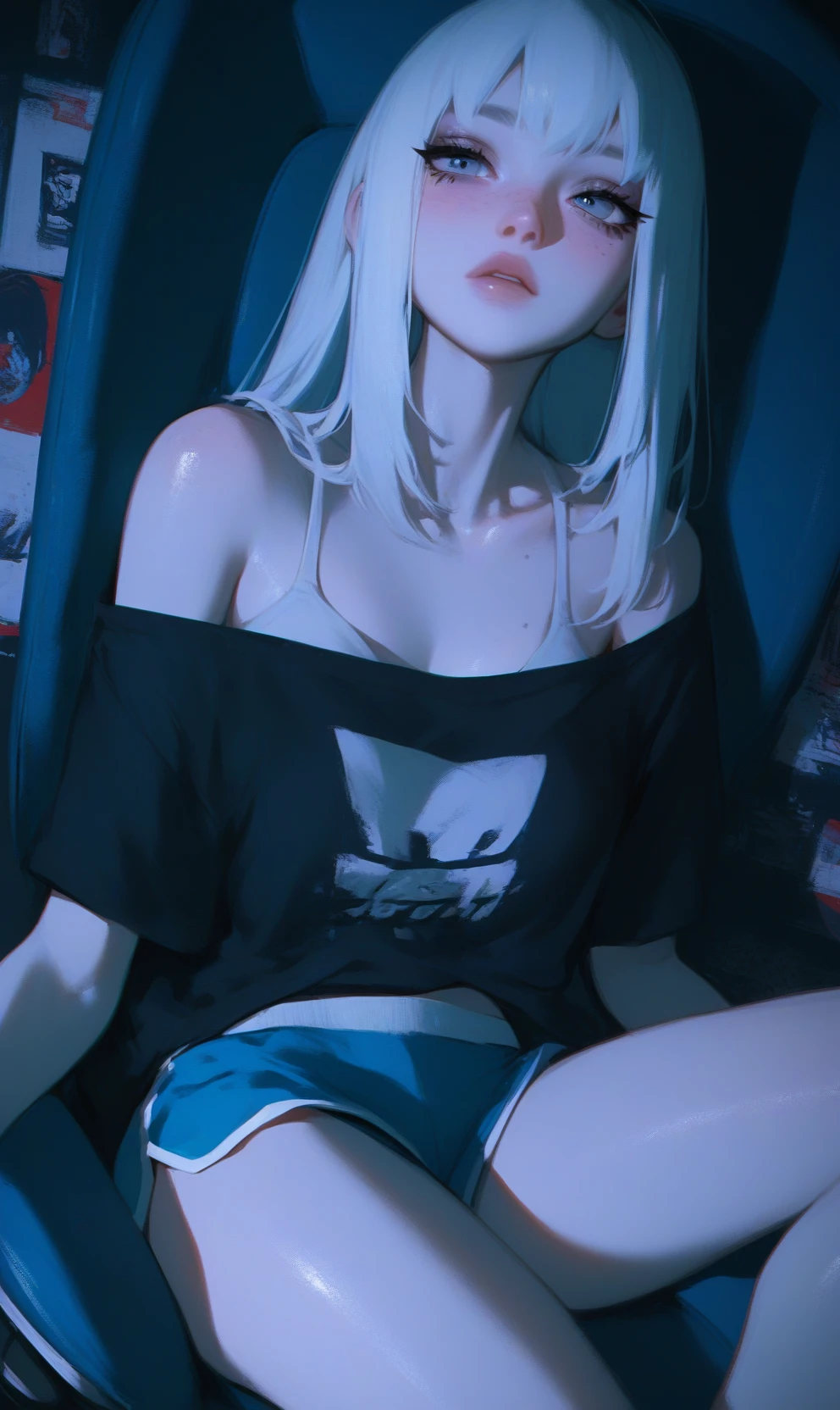 score_9, score_8_up, score_7_up,
BREAK
1girl, (white long hair:1.2), freckles, dynamic angle, bangs, night, darkness, dark, semi-realism, long hair, black T-shirt, sitting on a gaming chair, dolphin shorts, cozy bedroom, breasts, oversize t-shirt, off shoulder, Bra strap, pale skin, moles, petite body,