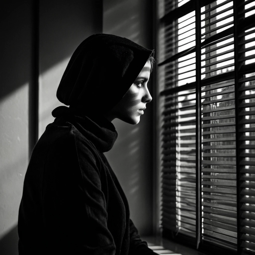 Dark Moody Atmosphere, <lora:Low-key lighting Style pony v1:1>
dim light Contrast, Cinematic, Low key, lighting style Chiaroscuro Lighting Style of a woman looking out a window at a building, sharp, detailed, perfect, perfection, realism, cinematic exposure, cinematic color, cinematic contrast, dramatic style, cinematic style, dramatic shadow, partially covered in shadow, Chiaroscuro Lighting Style, solo, short hair, 1boy, sitting, monochrome, greyscale, male focus, indoors, hood, window, hood down, 1girl, from behind, turtleneck, facing away, from side, blinds, looking outside, long sleeves, dramatic, mysterious, dark moody atmosphere