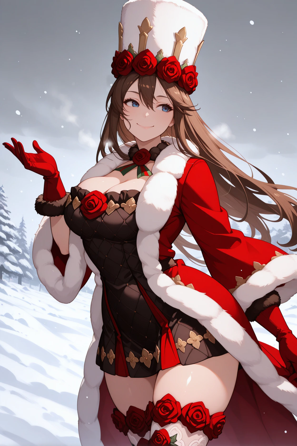 ((masterpiece, best quality)), <lora:Daiwa Scarlet:0.6>,1girl,Daiwa Scarlet,Daiwa Scarlet(Santa),horse ears,horse girl,brown hair,long_hair, twintails,red_eyes,slit pupils, tiara, very_long_hair,cleavage, fur_trim, hair_intakes,red_gloves,plaid,red dress,thighhighs,bow,detached_sleeves, fur-trimmed_dress,fang,santa_dress,bare_shoulders,boots,merry christmas, outdoors,night sky, starry sky,