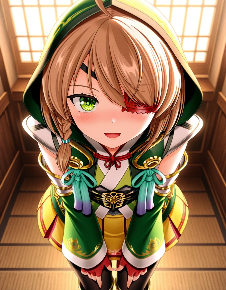 yamamoto_kansuke(sengoku_otome), green eyes, ahoge, brown hair, braid, eyepatch, hood, armor, green detached sleeves, fingerless gloves, skirt, yellow skirt, pleated skirt, black pantyhose, boots, <lora:yamamoto_kansuke(sengoku_otome)_Illustrious-XL_v1:1>, masterpiece,best quality,amazing quality,1girl, solo, standing, (dynamic pose) , blush,open mouth,light smile,
looking at viewer,(upper body, close-up),cowboy shot, upper body,
(indoors, )