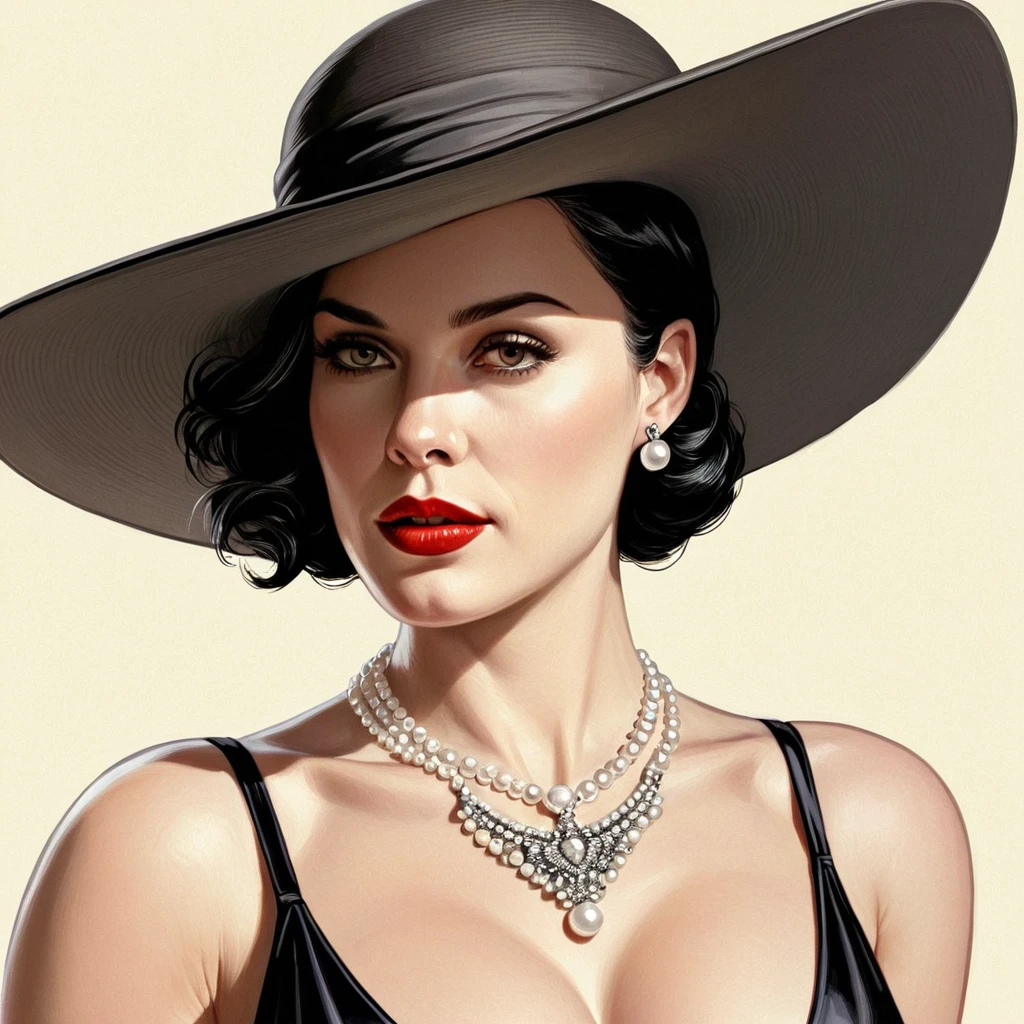 comic book art of <lora:Alcina Dimitrescu illu v1:0.9>
Alcina Dimitrescu a woman with a hat and pearls on her neck, detailed edges, cinematic, pale skin, Alcina Dimitrescu style, 1girl, solo, looking at viewer, short hair, black hair, dress, hat, closed mouth, jewelry, earrings, necklace, lips, black headwear, makeup, portrait, lipstick, motor vehicle, sun hat, realistic, red lips, car, pearl necklace, pearl earrings
, comic art, graphic novel illustration