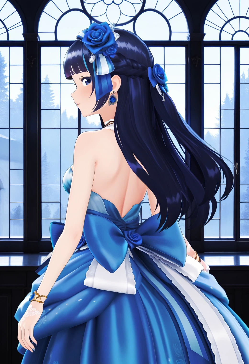 masterpiece, best quality, very aesthetic, absurdres, 1girl, solo,
<lora:fuji_aoi_v01:0.9>, virtual youtuber, aoi_costume3, black hair, long hair, half updo, blunt bangs, blue eyes, half updo, back bow, blue hair bow, looking back, from behind
hair ornament, hair flower, earrings, bare shoulders, blue dress, strapless dress, dress flower, blue rose, white single glove, bracelet, posing