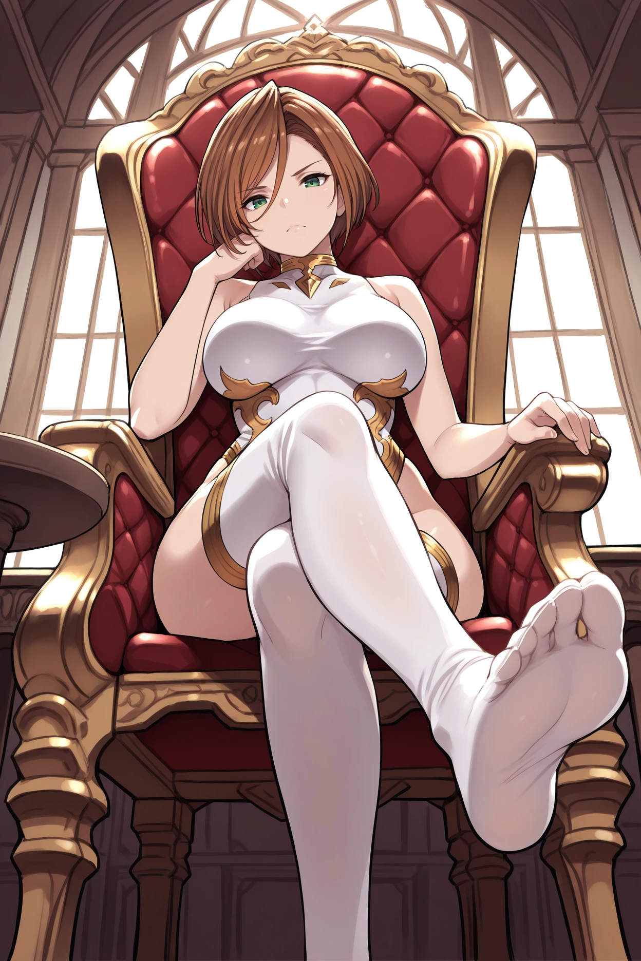((Best Quality)), ((masterpiece)), (detailed), 1 girl, with white leotard with gold, Brown eyes, sitting in an armchair, big breasts, who is 21 years old,((Whole body)), ((view from below))