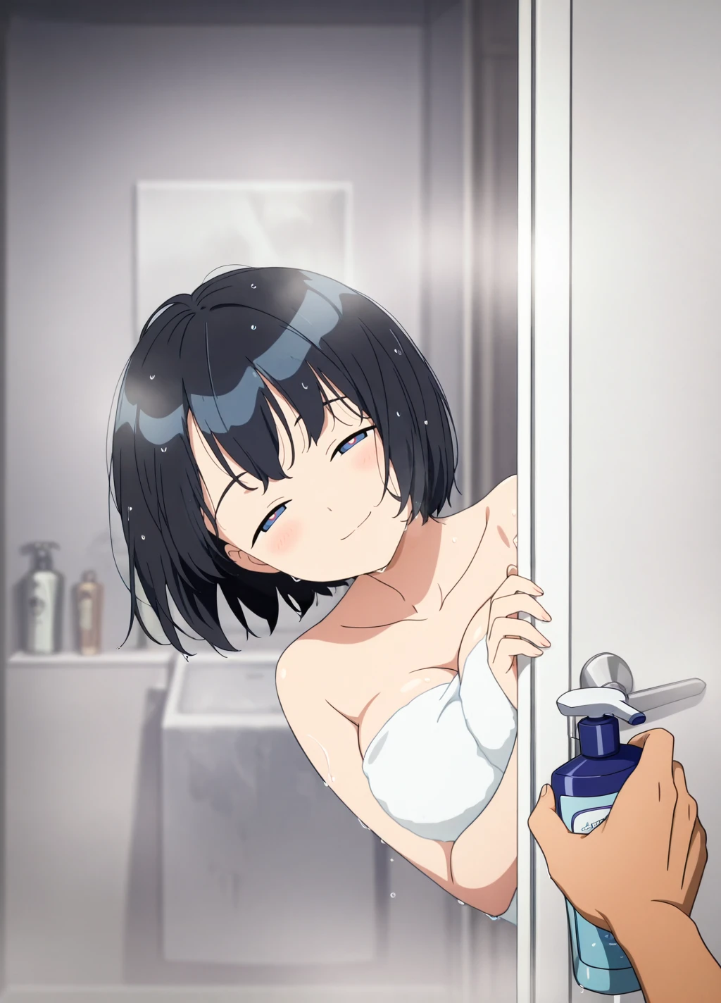 anime screencap,anime coloring,
dynamic pose,head tilt
(masterpiece, best quality:1.2),
<lora:peekdoor:0.8>,
peekdoor1, doorway, peeking out, 1girl, solo, looking at viewer, breast press, indoors, shower \(place\), naked towel, steam, steaming body, wet, wet hair,
<lora:Shiiko_Sugai:0.8>,
short hair,black hair,
shiiko2, solo, in heat,blush, large breasts,
smile, half-closed eyes, sexy,blue eyes,
BREAK,
1boy, pov, pov hands,holding, shampoo bottle,
<lora:add-detail-xl:1>,