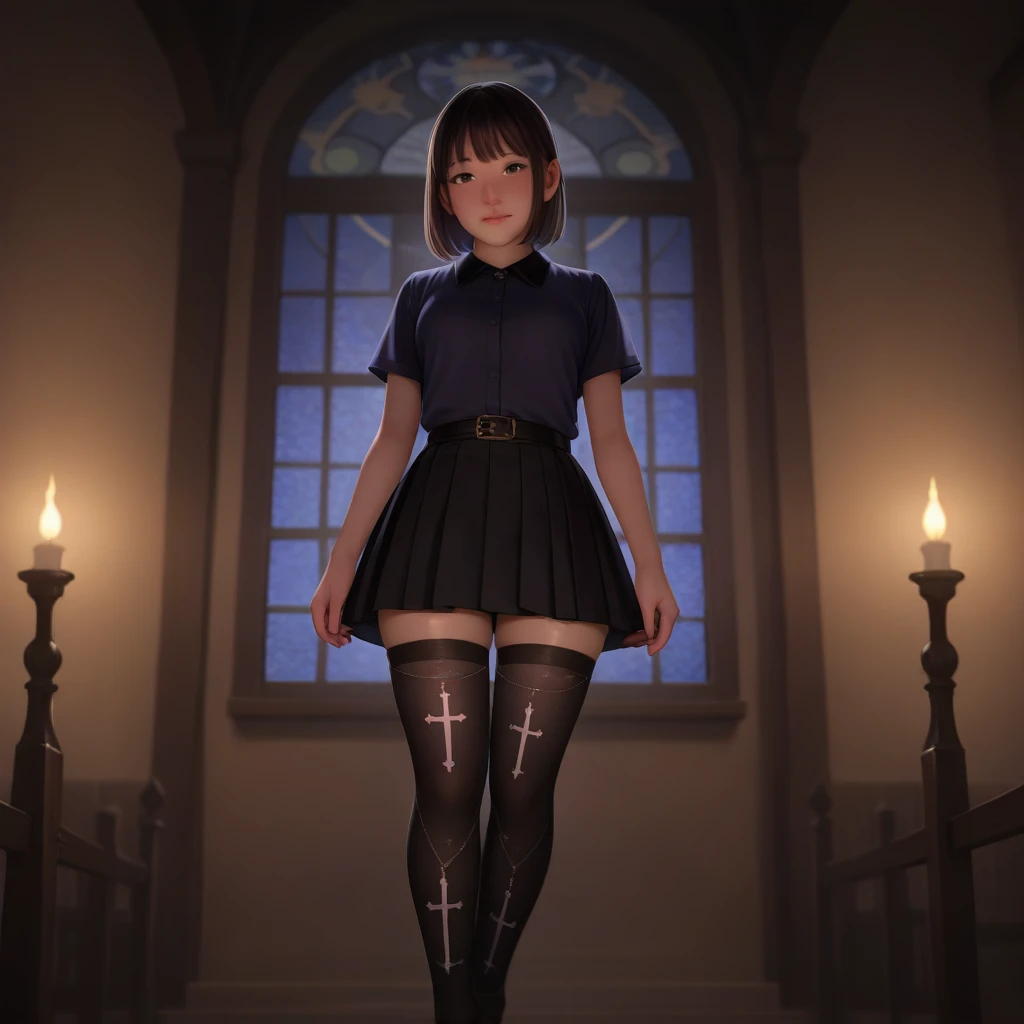 ((best quality)), ((highly detailed)), masterpiece, absurdres, (detailed eyes, deep eyes), full body, Old man, bald, mustache, big mustache, beard, big beard, violet eyes, large breasts, demon wings, large wings, parted lips, school uniform, pink skirt, pleated skirt, white socks, brown loafers, (in a church, afternoon)