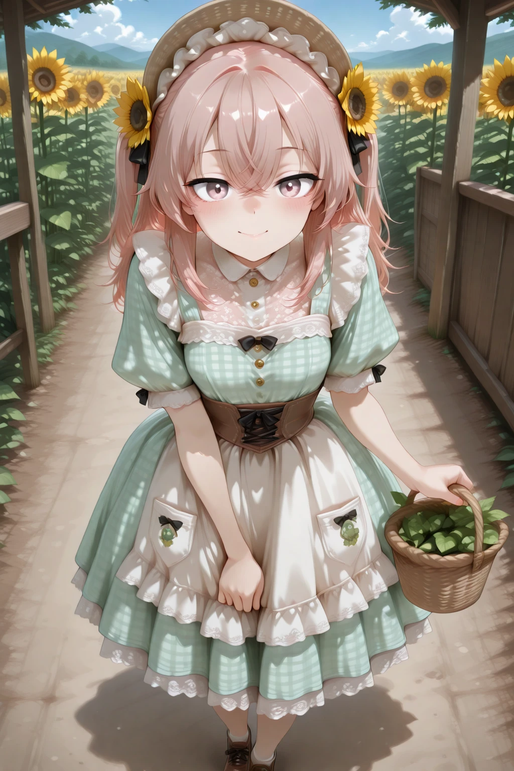 masterpiece, best quality, amazing quality, 1girl, solo, makeup, perspective, general, looking at viewer, dynamic angle, full body, serene smile, blush, farm, outdoors, sunlight, basket, holding basket, <lora:sajuna-inui-s1-illustriousxl-lora-nochekaiser:0.9>, sajuna inui, inui sajuna, long hair, bangs, hair ornament, hair between eyes, pink hair, pink eyes, two side up, crossed bangs, mature female, small breasts, <lora:Sunberry_Patchwork_Bloom_Dress:1.1>, Sunberry_Patchwork_Bloom_Dress, green dress, frilled dress, plaid dress, bow, sunflower, puffy short sleeves, lace trim, cross-laced clothes, corset, ribbon, apron, bonnet, hat flower, socks, bowtie, <lora:wai-2Rectified-V140:1>, <lora:Illustrious_-_Refiner:1>