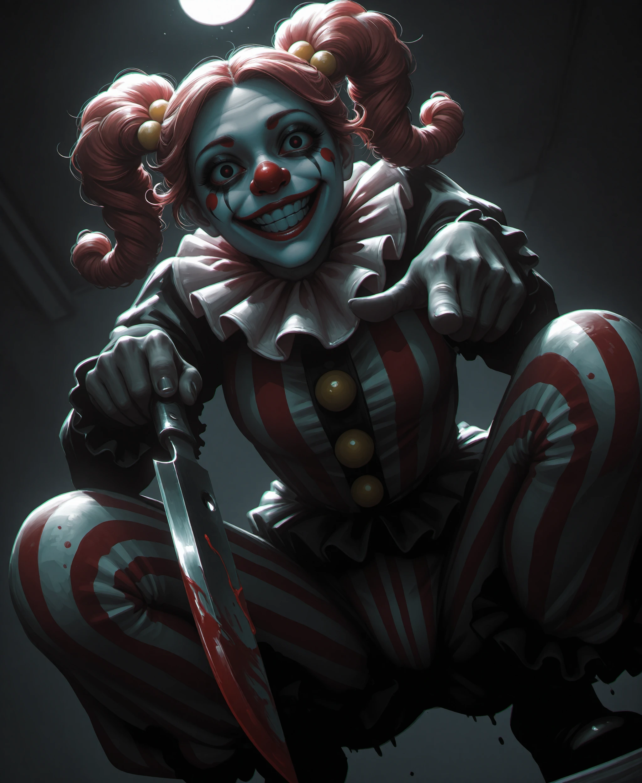 chromatic aberration, dark theme, close up, dutch angle, from below,
clown-girl, painted face, clown outfit, wide smile, creepy, curly ginger pigtails, holding a bloody knife, squatting, pointing at viewer,