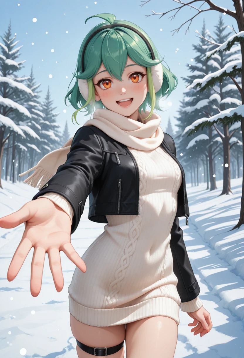 masterpiece, very aesthetic, best quality, absurdres, newest, solo,
<lora:ILYGIRin:1>
YGIRin, 1girl, orange eyes, green hair, short hair, multicolored hair, looking at viewer, open jacket, outdoors, open clothes, white scarf, outstretched hand, smile, sweater dress, snow, winter, open mouth, earmuffs, long sleeves, tree, skindentation, day, cowboy shot, outstretched arm, blush, :d, cropped jacket, thighs, black jacket, thigh strap, snowing, white sweater, sky