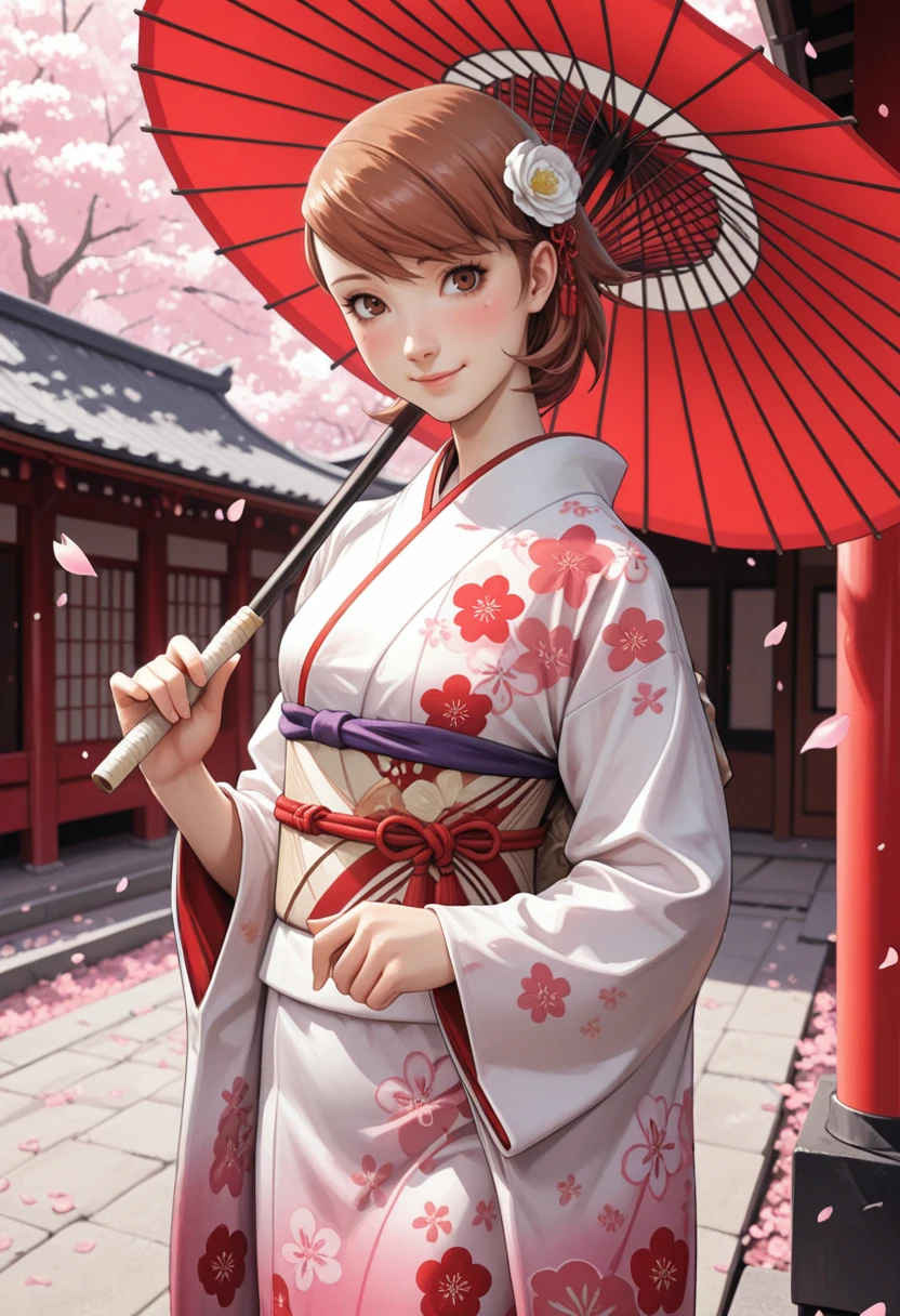 masterpiece, very aesthetic, best quality, absurdres, newest, solo,
<lora:ILP3Yukari:1>
Persona3Yukari, 1girl, short hair, brown hair, brown eyes, looking at viewer, hair flower, white kimono, japanese clothes, oil-paper umbrella, purple hair, hair ornament, smile, outdoors, petals, white flower, sash, holding umbrella, floral print, obi, looking at viewer, wide sleeves, closed mouth, long sleeves, day, cowboy shot, print kimono, blush