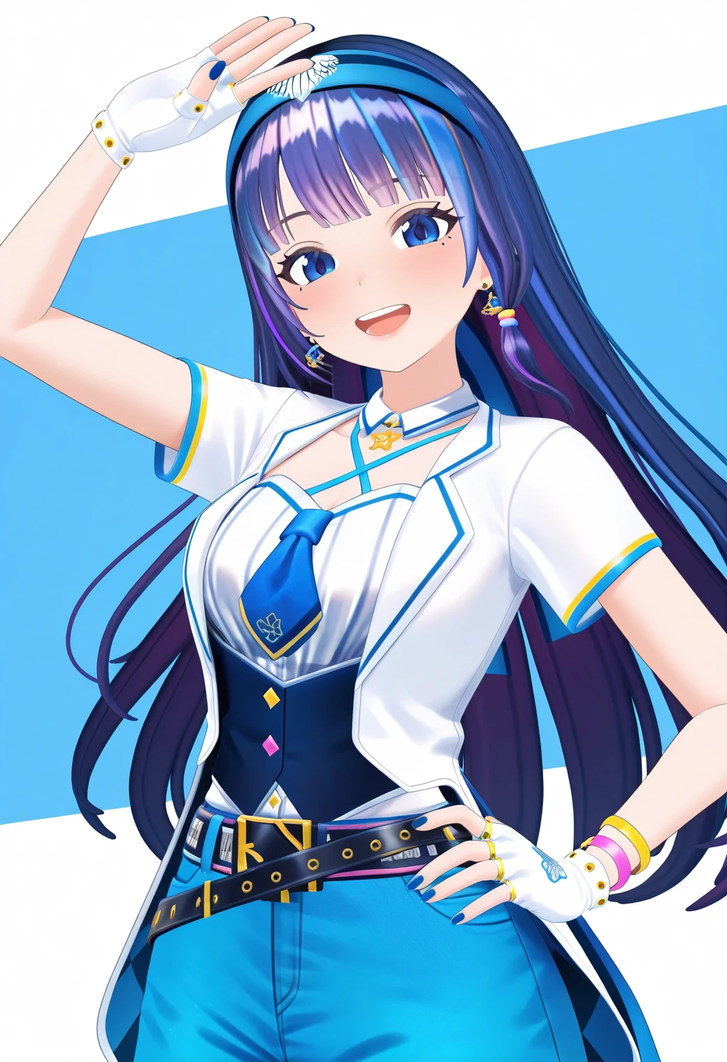 masterpiece, best quality, very aesthetic, absurdres, 1girl, solo,
<lora:fuji_aoi_v01:0.9>, virtual youtuber, aoi_costume4, multicolored hair, streaked hair, purple hair, blue hair, long hair, blue eyes,
blue headband, earrings, white jacket, short sleeves, detached collar, criss-cross halter, white tube top, blue necktie, short necktie, bracelet, white gloves, blue nails, belt, denim, blue shorts, smile, open mouth, posing, arm up, hand on own hip, looking at viewer