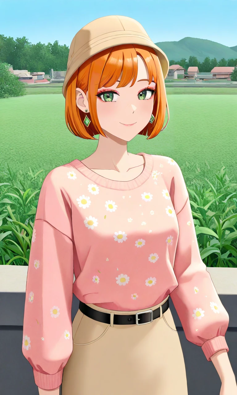 a young woman in the middle of town, outdoors, 1girl, looking at viewer, jewelry, earrings, smile, day, sky,1girl,short hair,orange hair,beige headwear,bob cut,green eyes,makeup,floral print sweater,pink sweater,black belt,beige skirt,hrushch