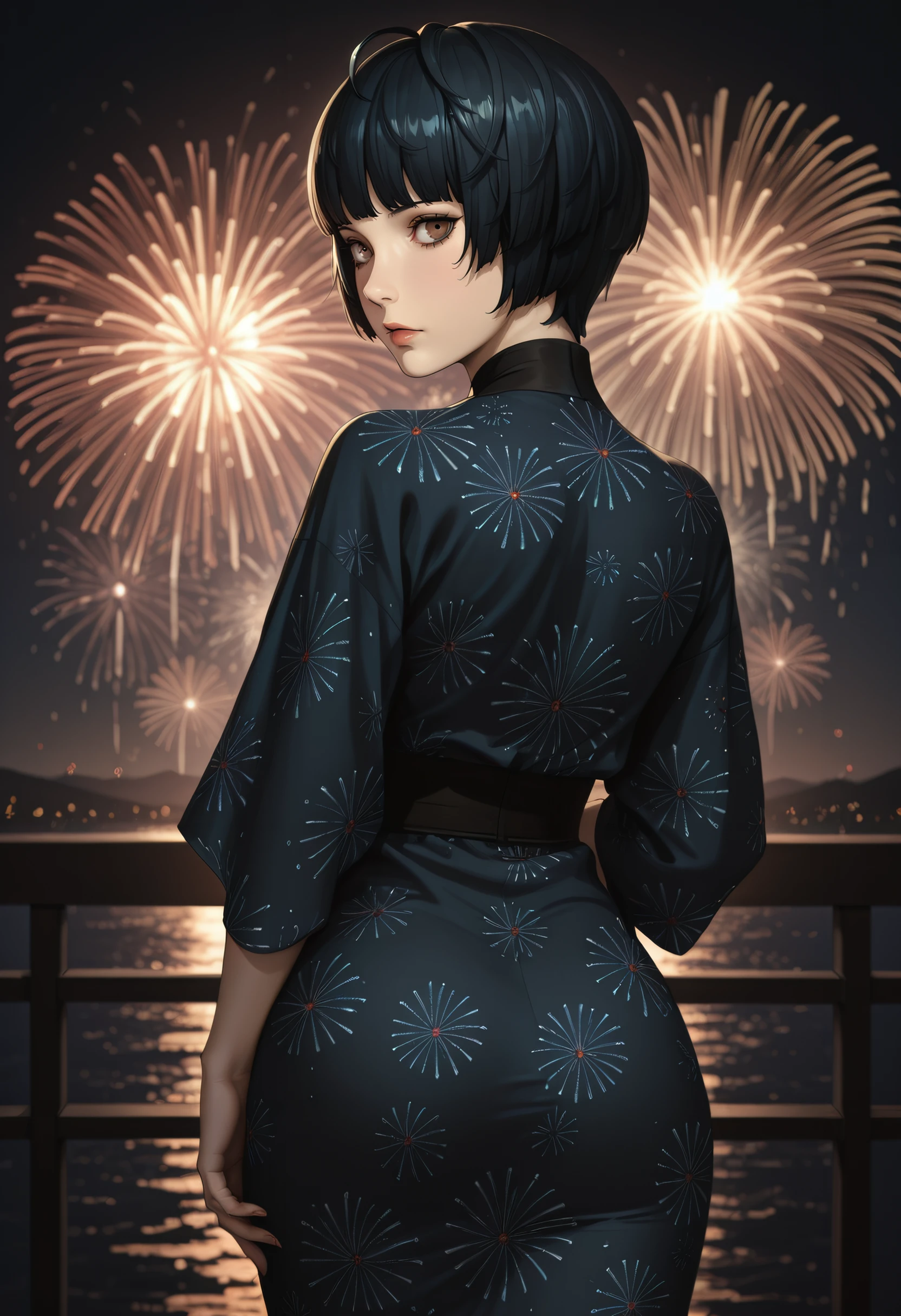 score_9, score_8_up, score_7_up, source_anime, from behind, solo, 1girl, motoko2045, slight smile, looking back, purple eyes, black kimono, off shoulder, blue sash, bare shoulders, fireworks <lora:ghostintheshell_kusanagi_ponyXL-2045:1>